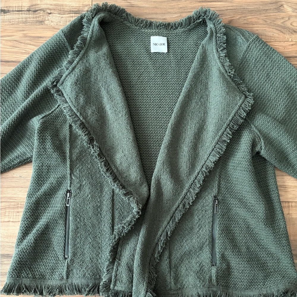 NIC+ZOE Fringe Open Cardigan - Olive